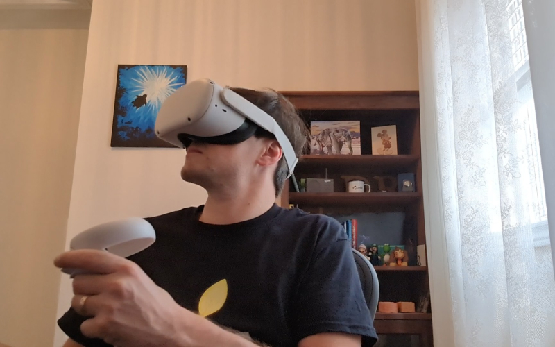 Dylan using Meta Quest VR to assist him with testing