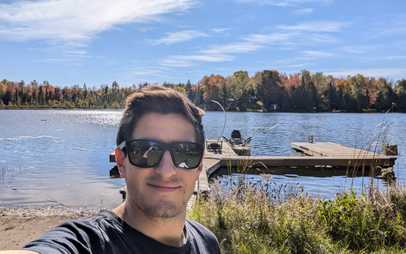 Dylan getting ready to get out on the water on a kayak at the cottage