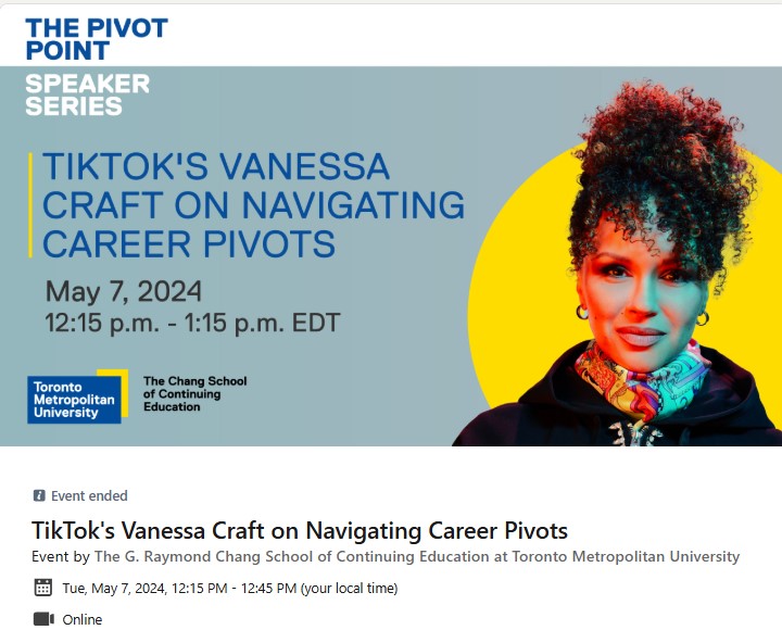 LinkedIn invite to TikTok’s Vanessa Craft Navigating Career Pivots online event