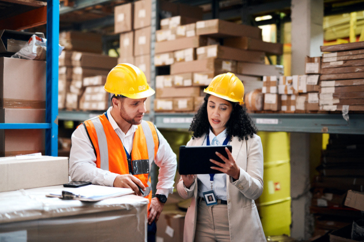 Warehouse, tablet and people teamwork for storage, inventory and supply chain management for b2b distribution