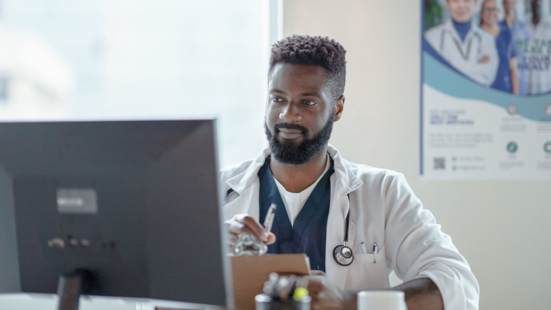 Medical student on computer